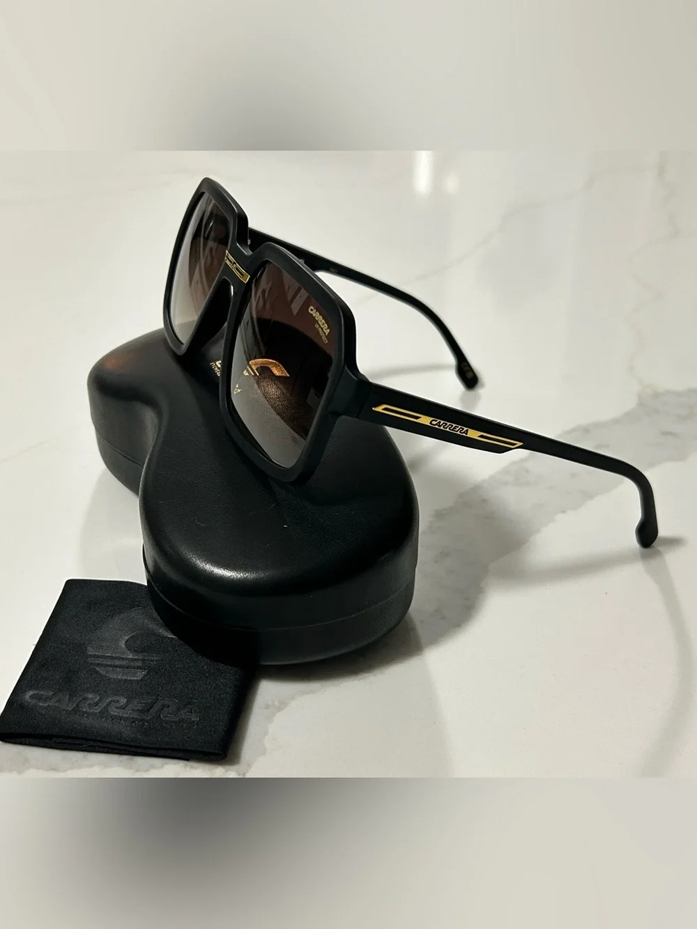 Carrera Black Frame Sunglasses with Brown Gradient Lenses and Gold Accent